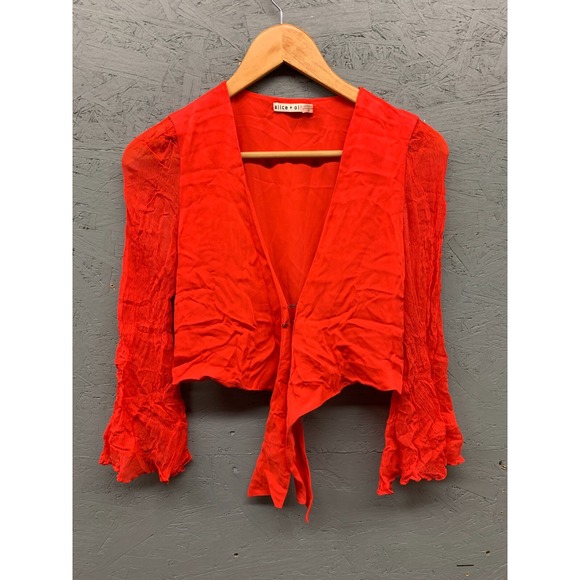 Alice + Olivia‎ Women's Red Silk Tie Front Top XS Sheer Long Sleeve Hook Closure - Picture 1 of 10